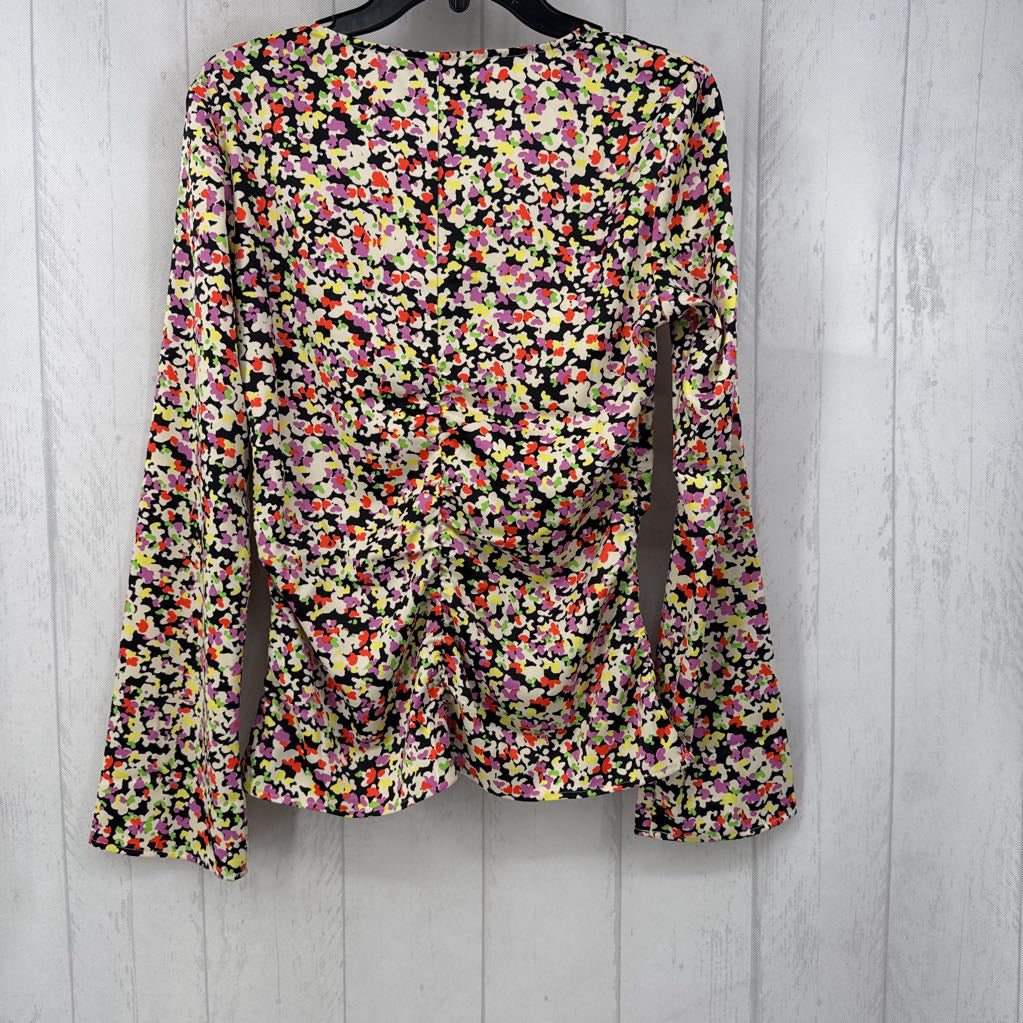 S flo print ruched v-neck l/s top