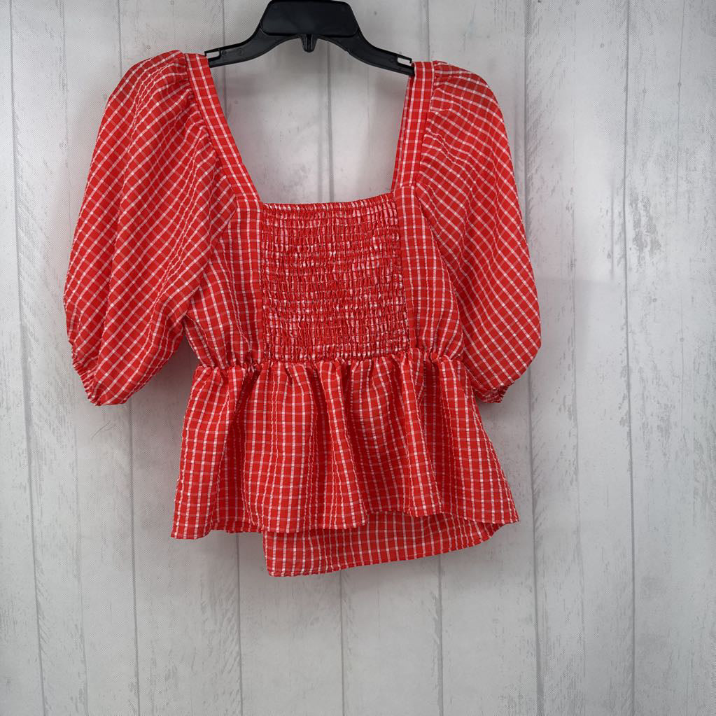 L checkered square neck pouff slv top