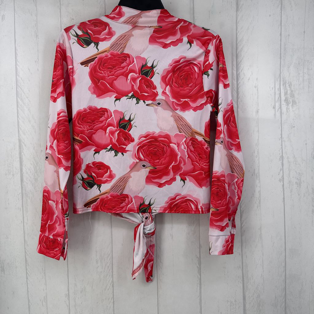 M printed button down tied hem l/s top