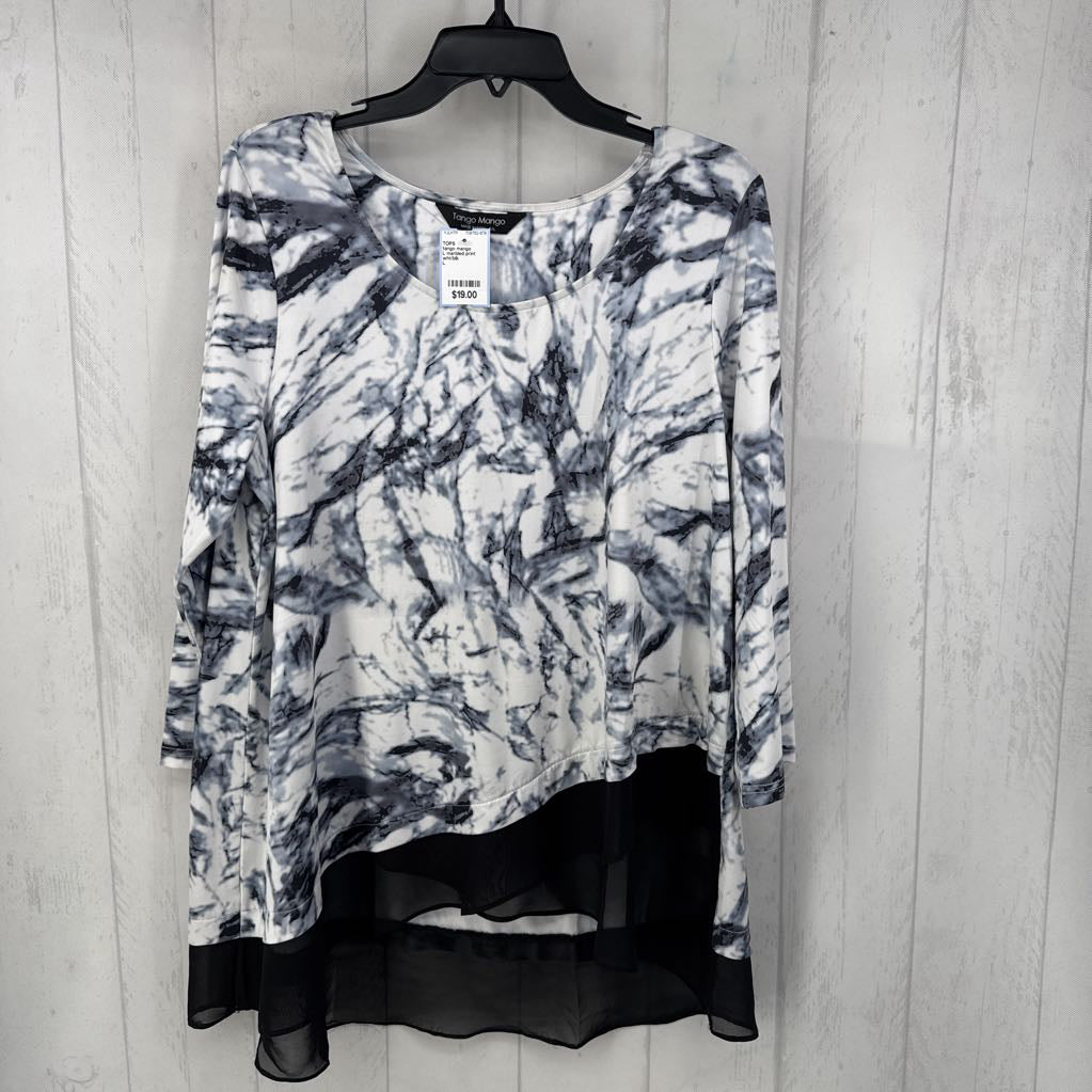 L marbled print asymetrical hem 3/4 slv top