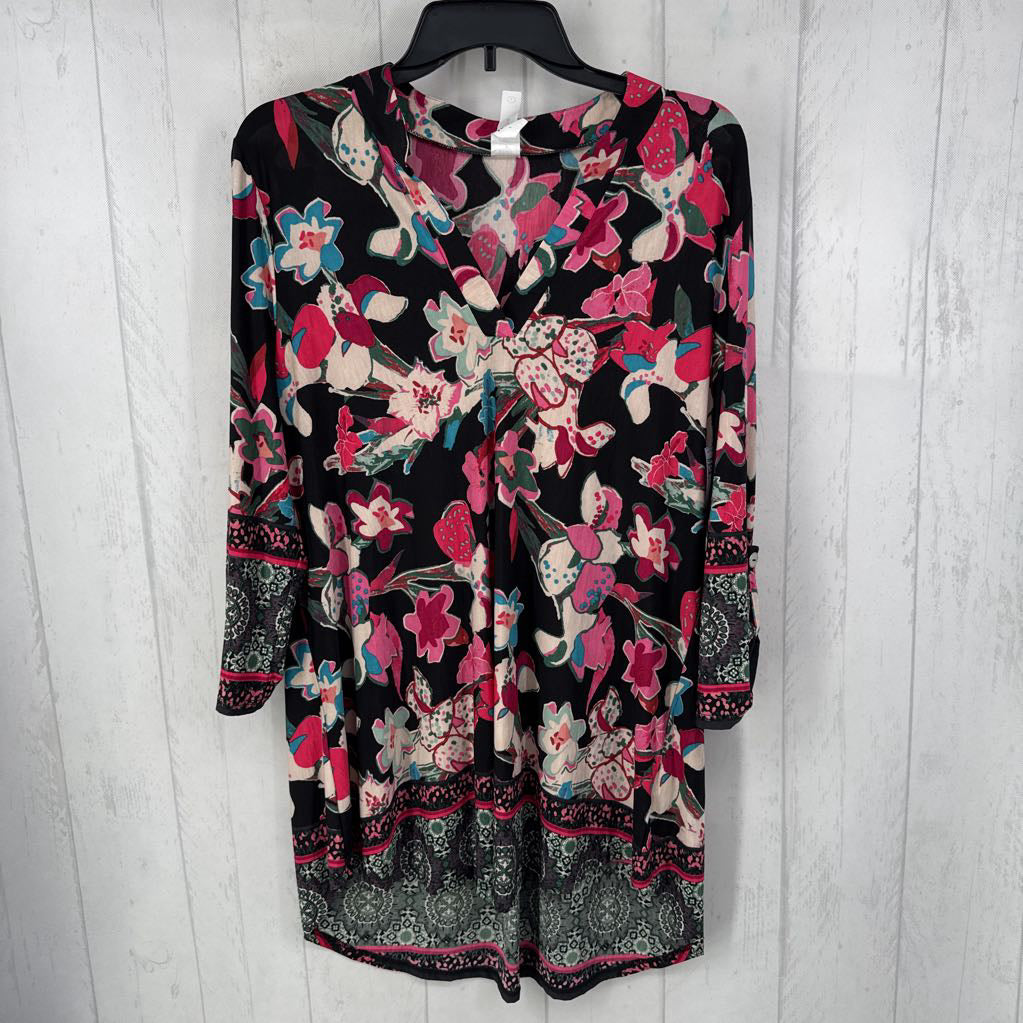 L 3/4 slv flo print hi-low v-neck top