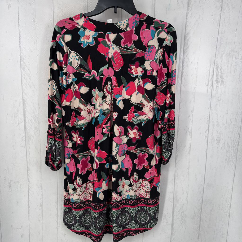 L 3/4 slv flo print hi-low v-neck top