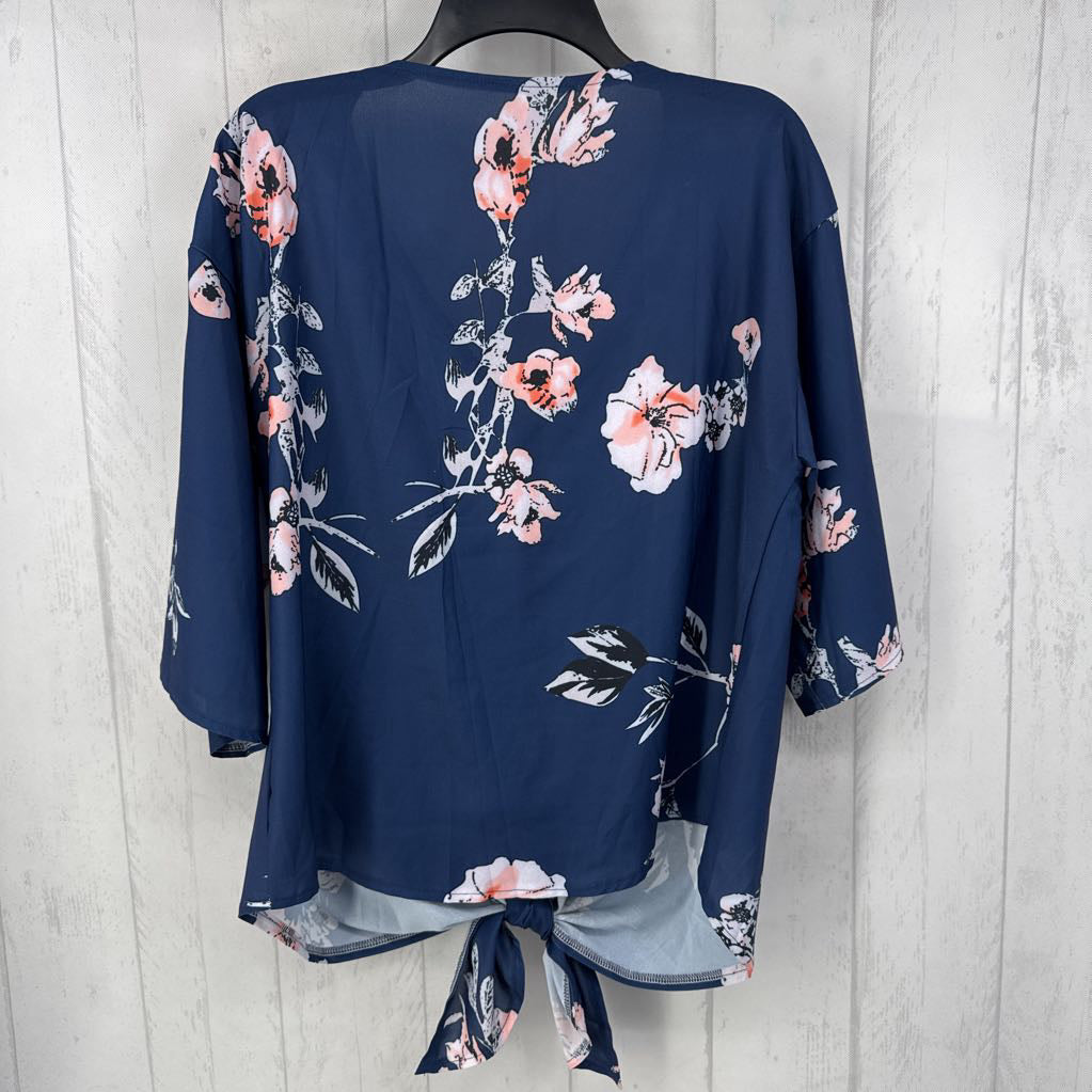 XL flo print v-neck tied hem elbow slv top