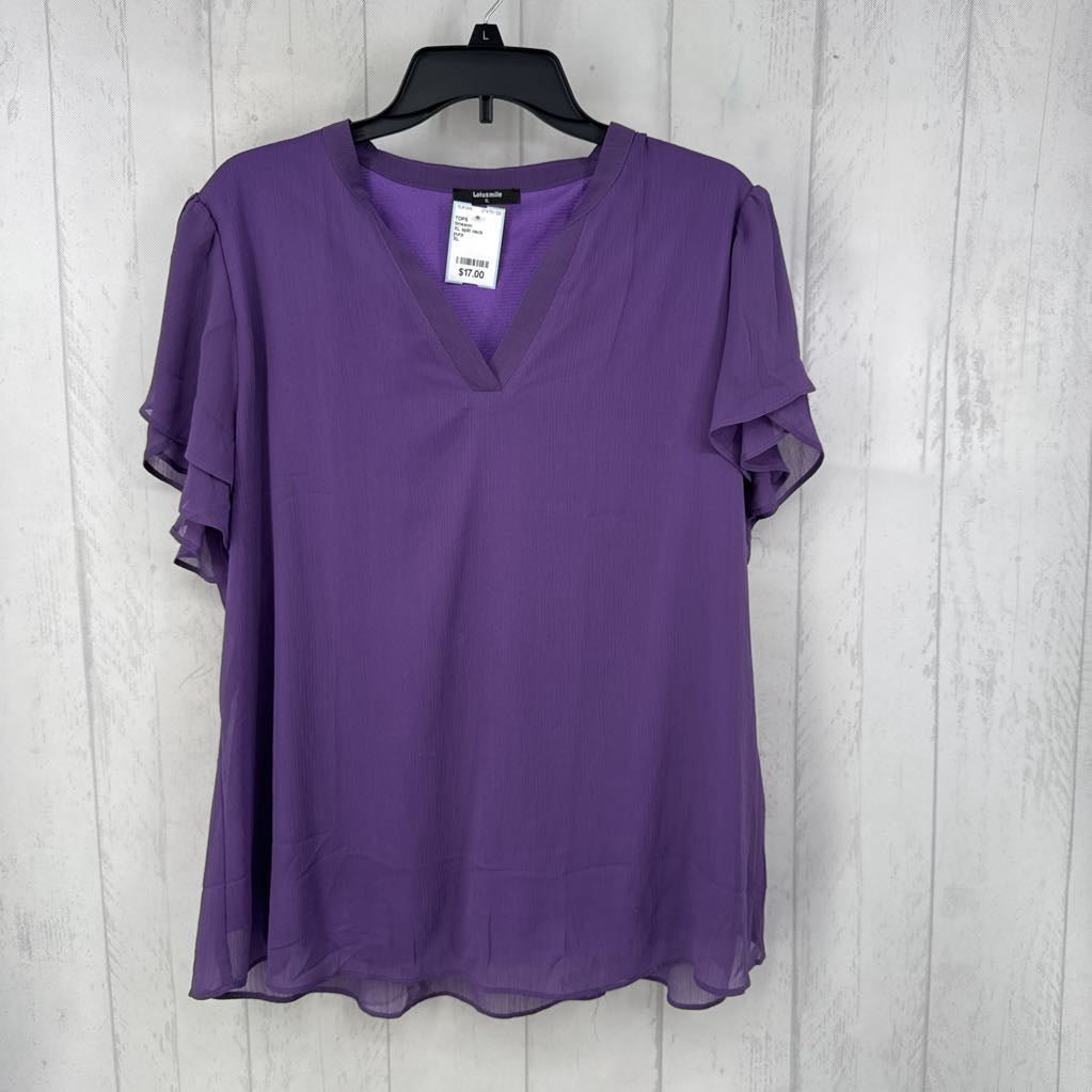 XL split neck ruffled slv top s/s