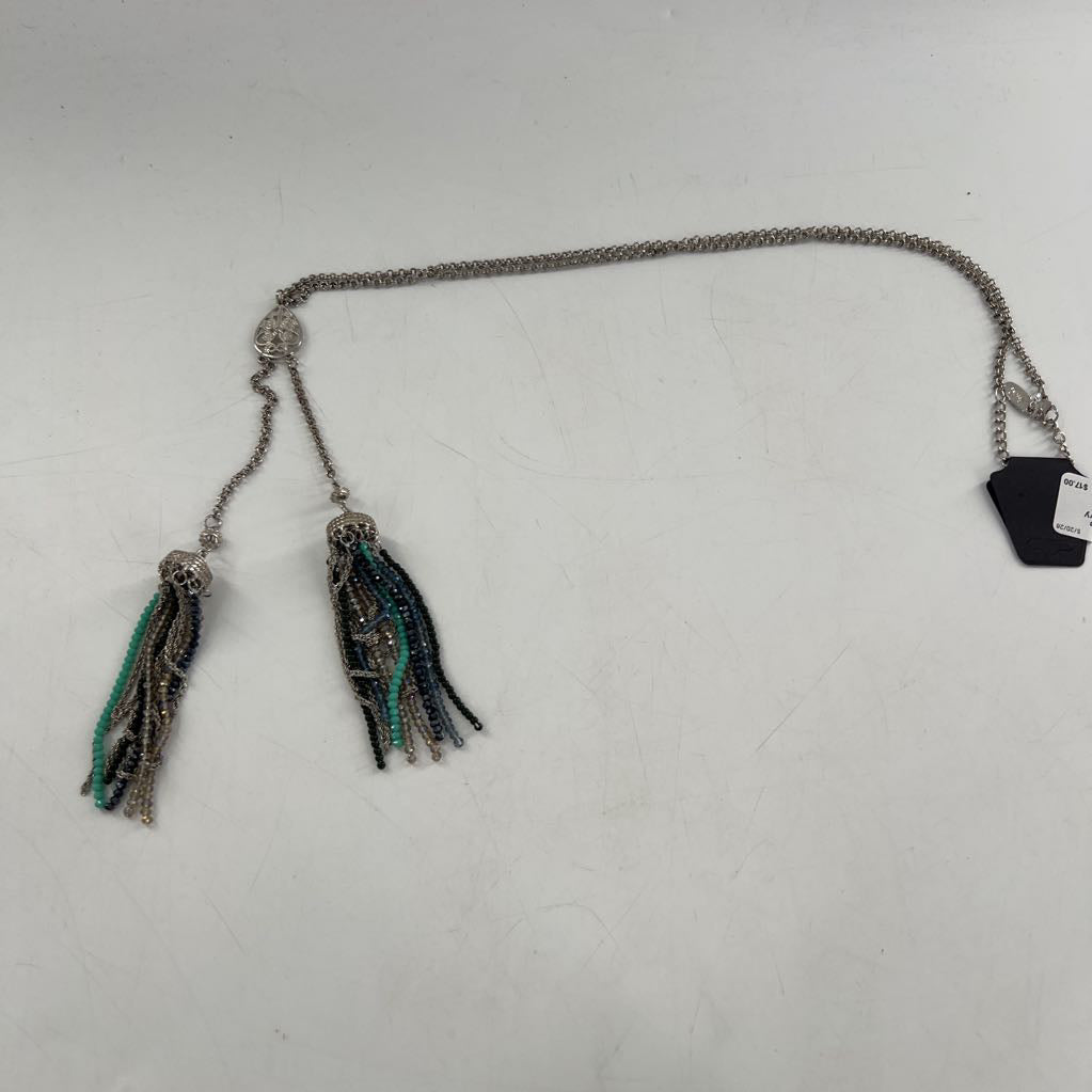 25" silver tone turquoise & nvy beaded tassel necklace
