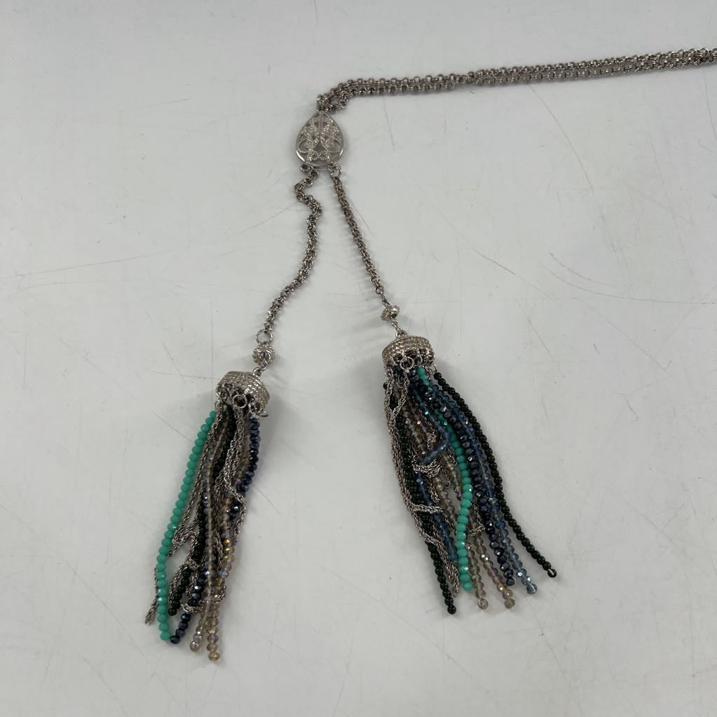 25" silver tone turquoise & nvy beaded tassel necklace