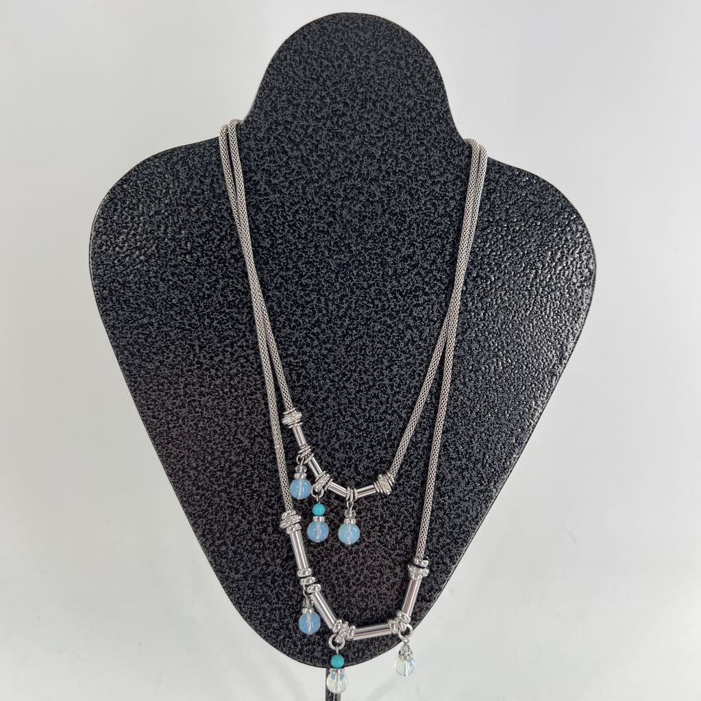 12" silver double strand blue beaded necklace
