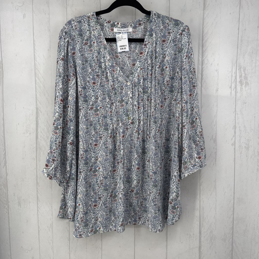 2x 3/4 slv flo print pleated top