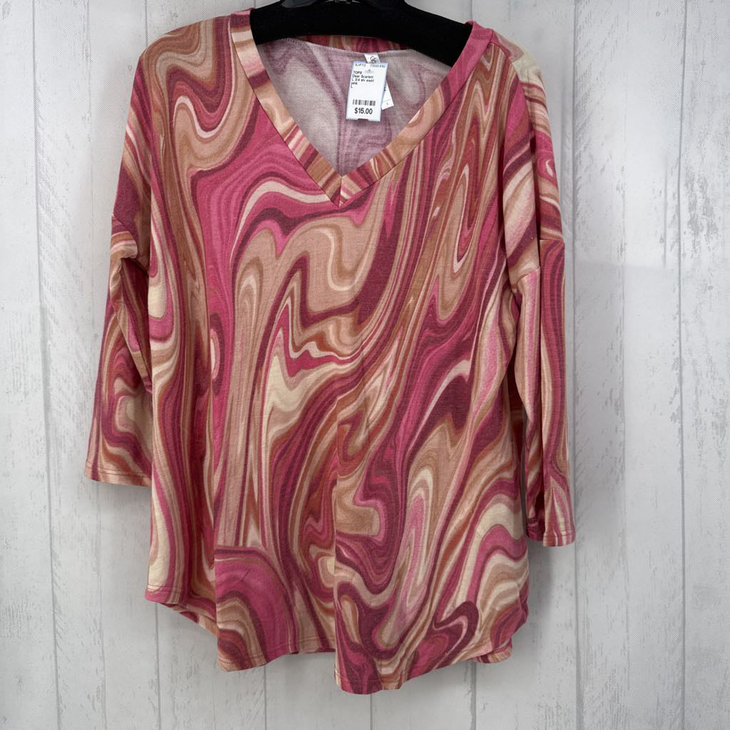 L 3/4 slv swirl pattern v-neck top