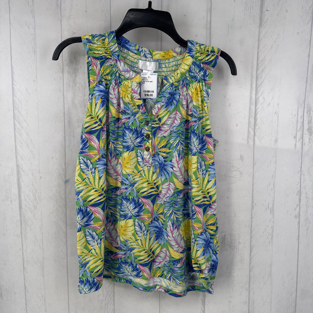 L leaf print splt neck slvls top