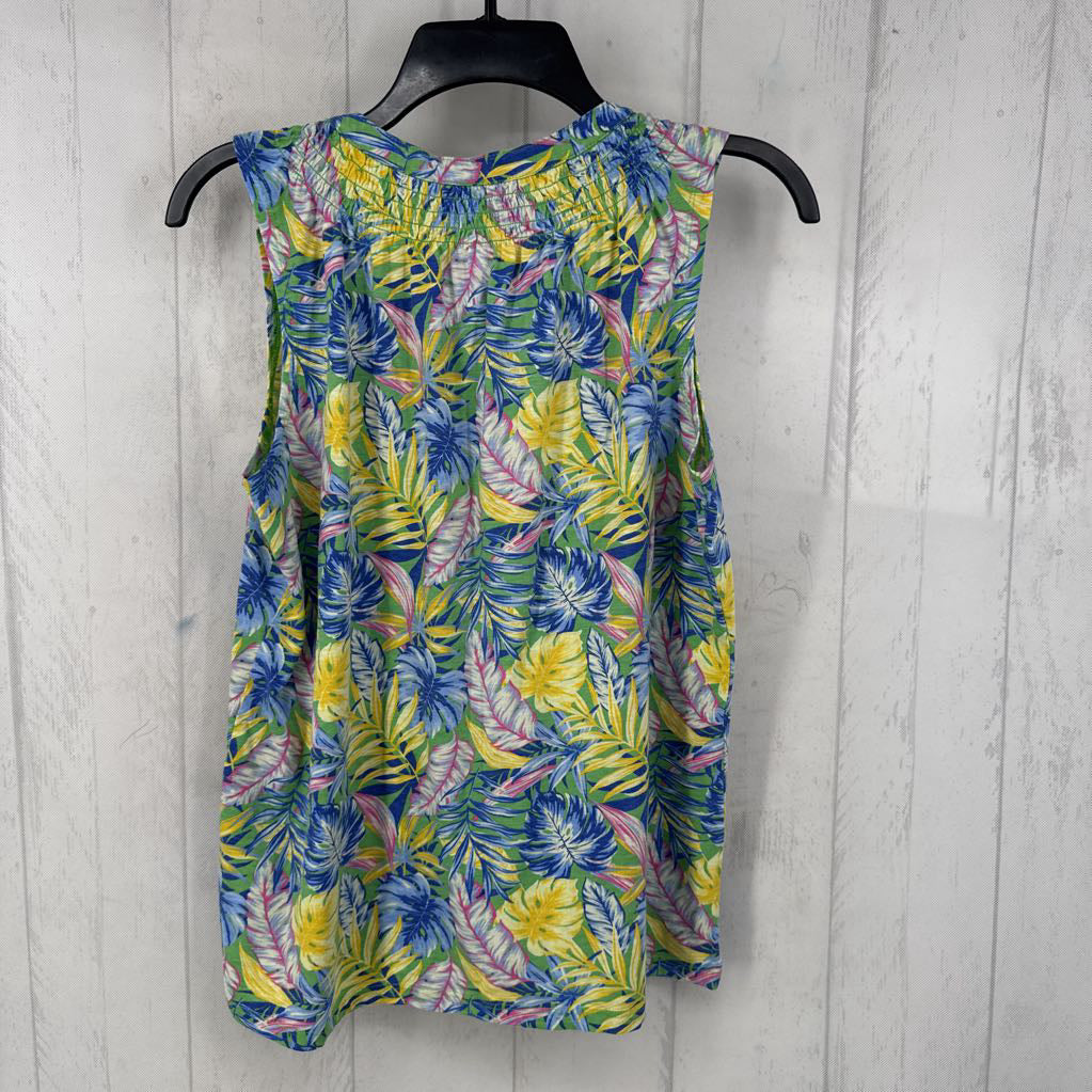 L leaf print splt neck slvls top