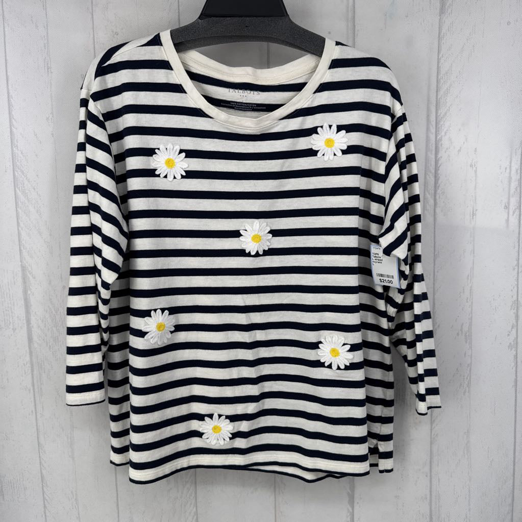 L striped embroidered daisy 3/4 slv top
