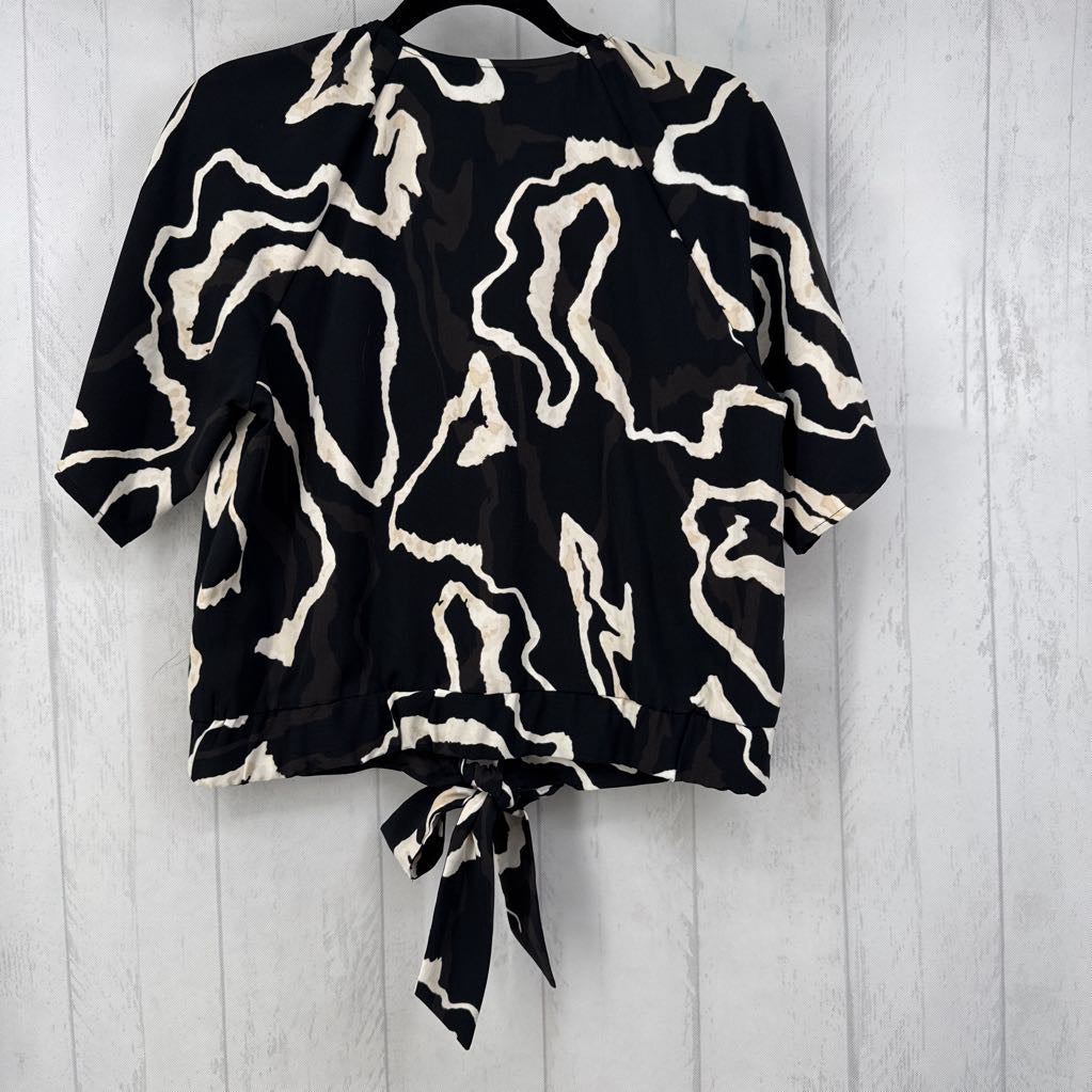 M s/s print v-neck knotted top
