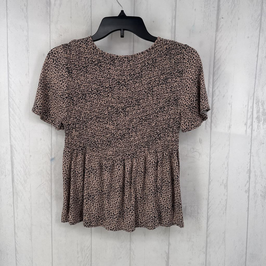 S animal print smocked s/s peplum top