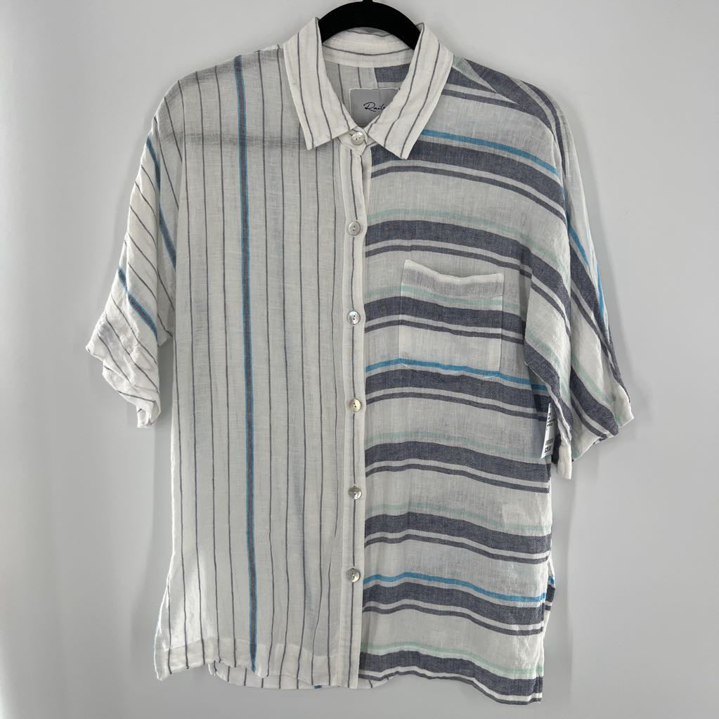 S striped button down elbow slv top