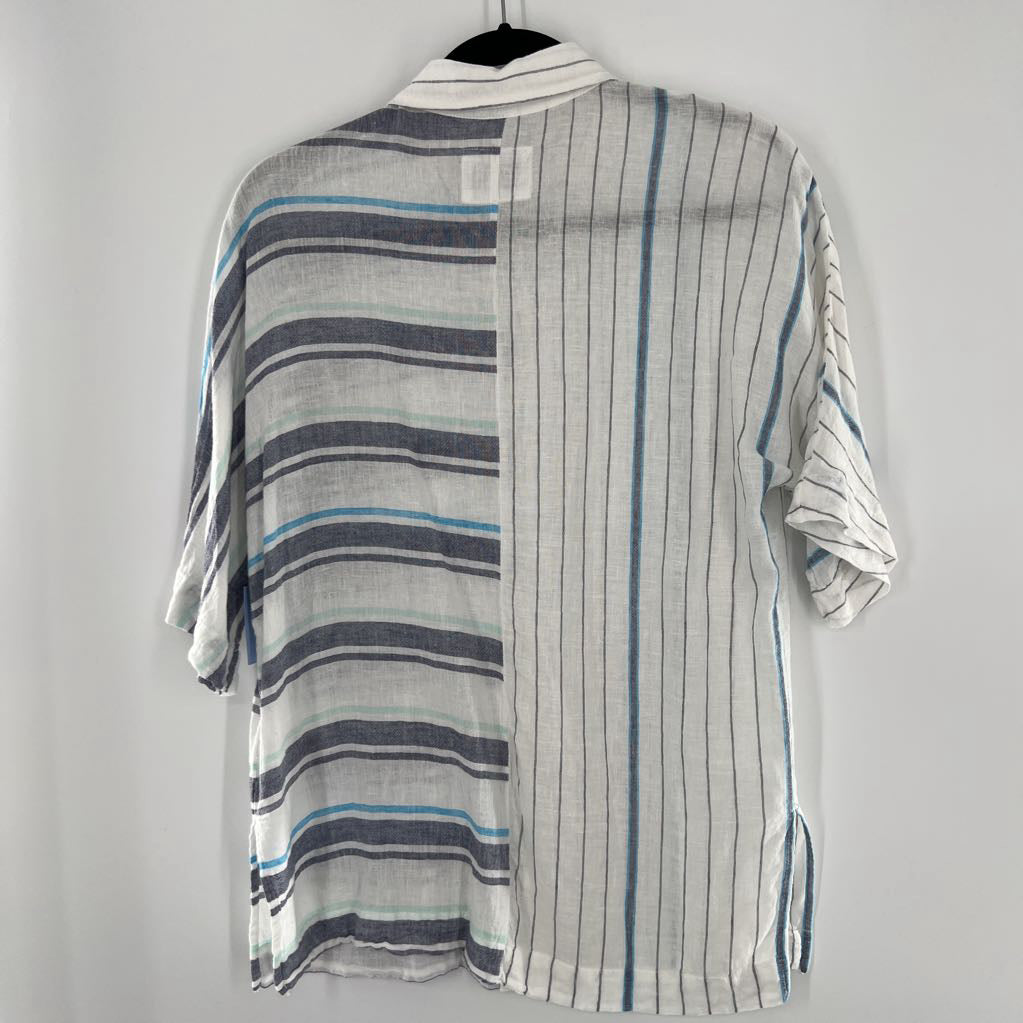 S striped button down elbow slv top
