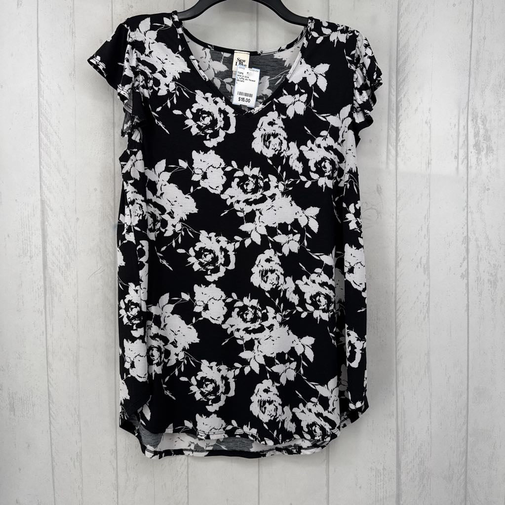 L ruffle slv flower print v-neck top