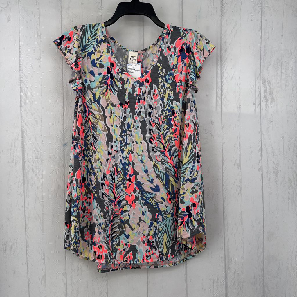 L ruffle slv jprint v-neck top
