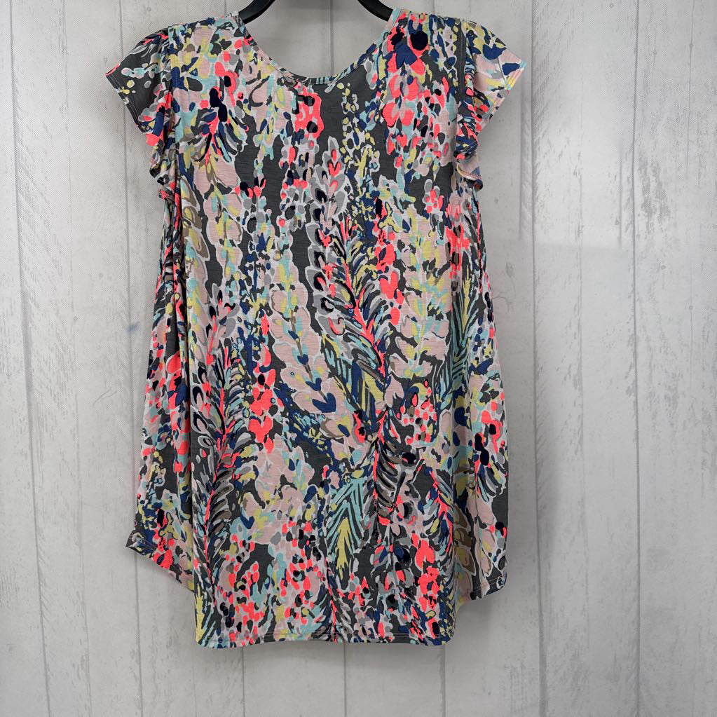 L ruffle slv jprint v-neck top