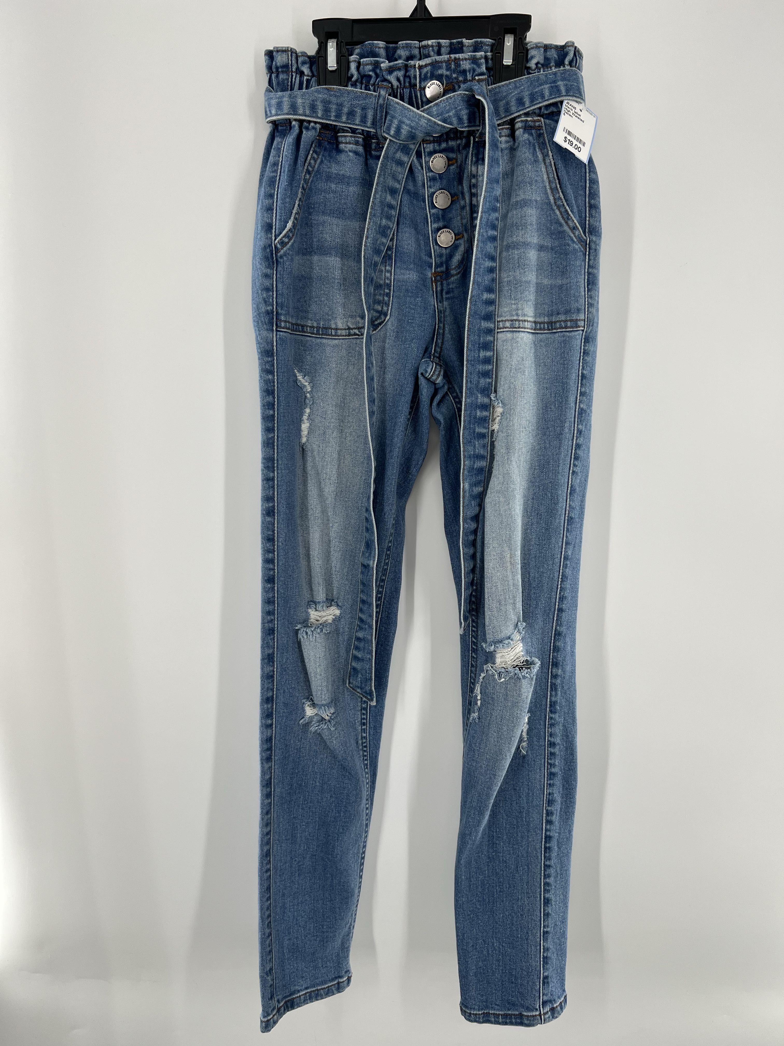 High Waisted Belted Distressed Jeans