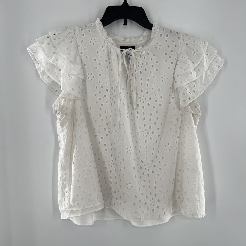 XL eyelet split neck ruffled s/s top