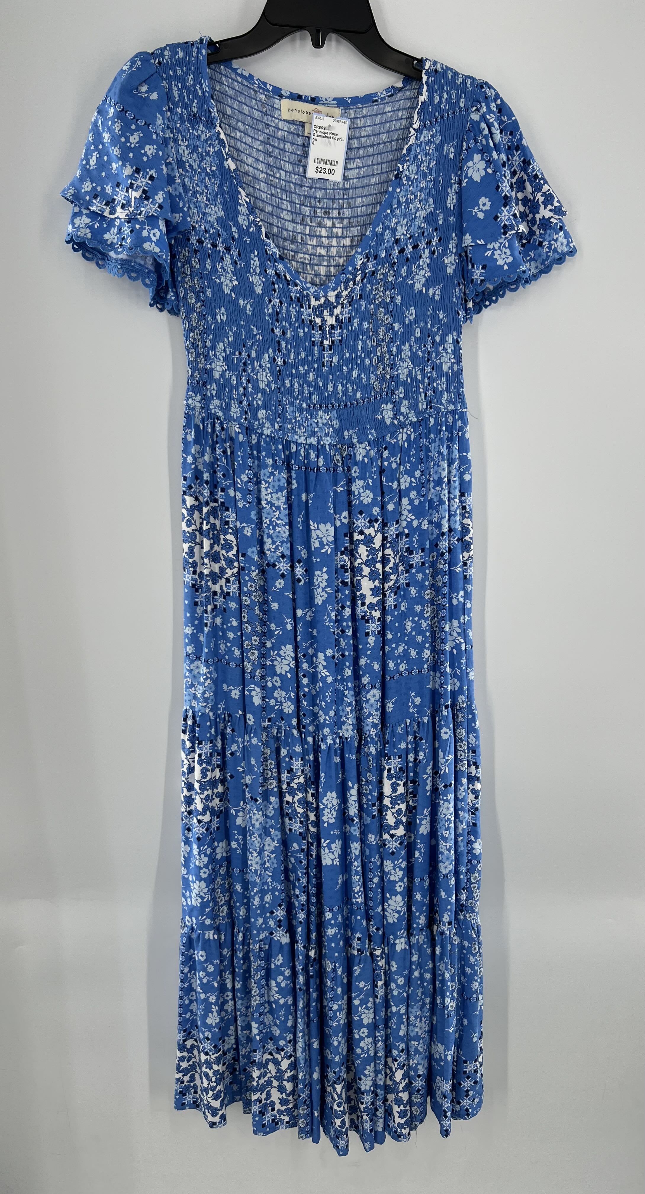 S smocked flo print flutter slv maxi dress