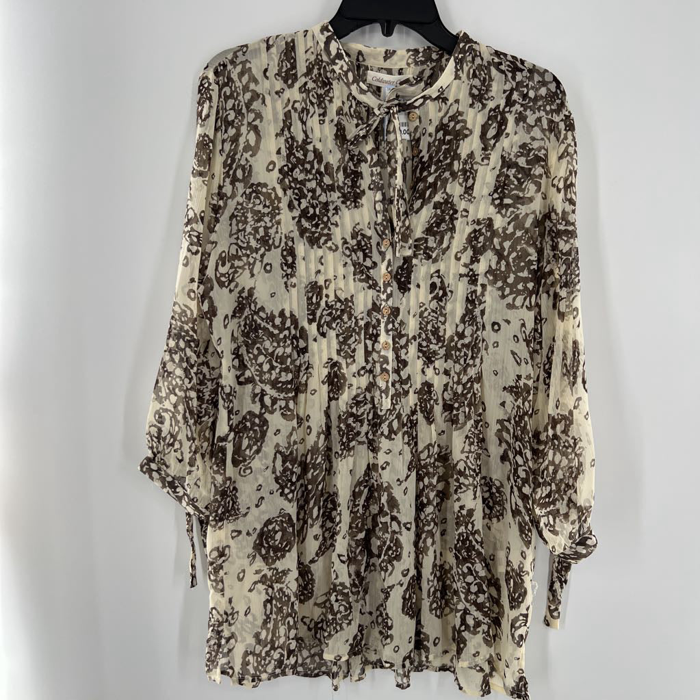 L printed semi sheer button down 3/4 slv top