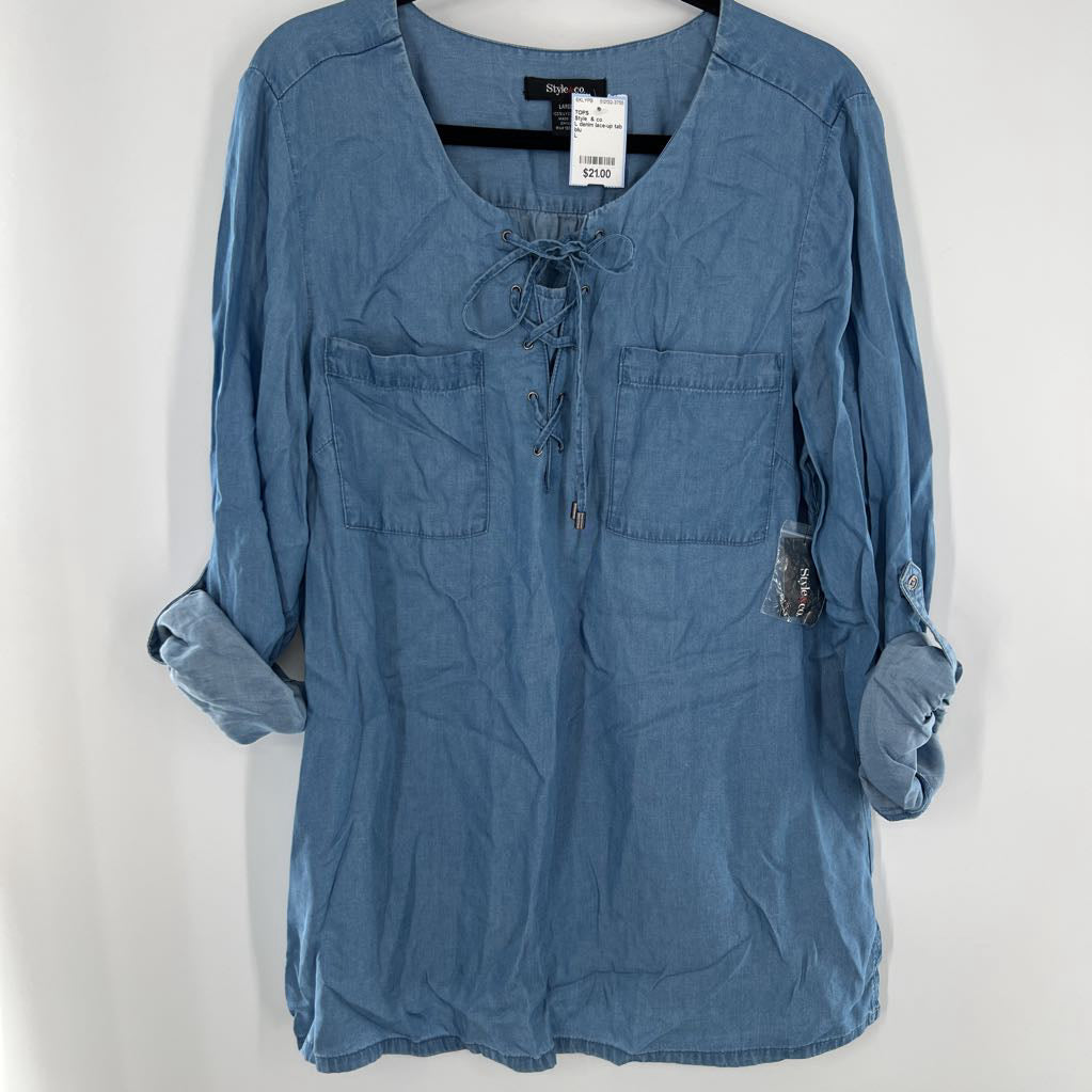 L denim lace-up tab slv top