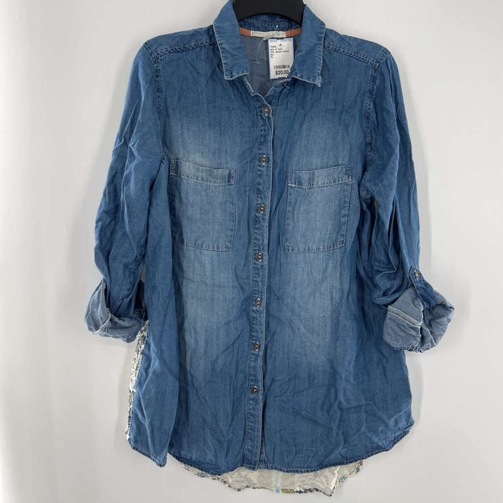 XXL denim mixed media button down l/s top