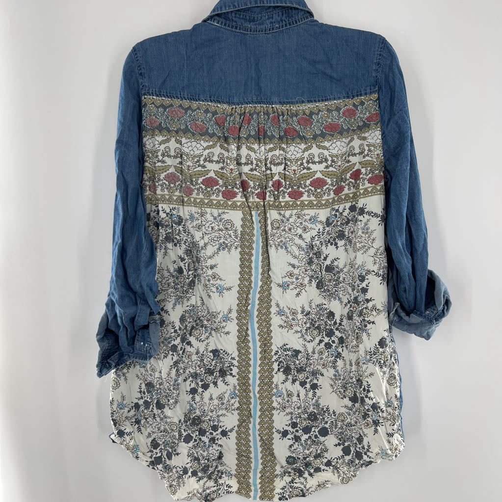 XXL denim mixed media button down l/s top