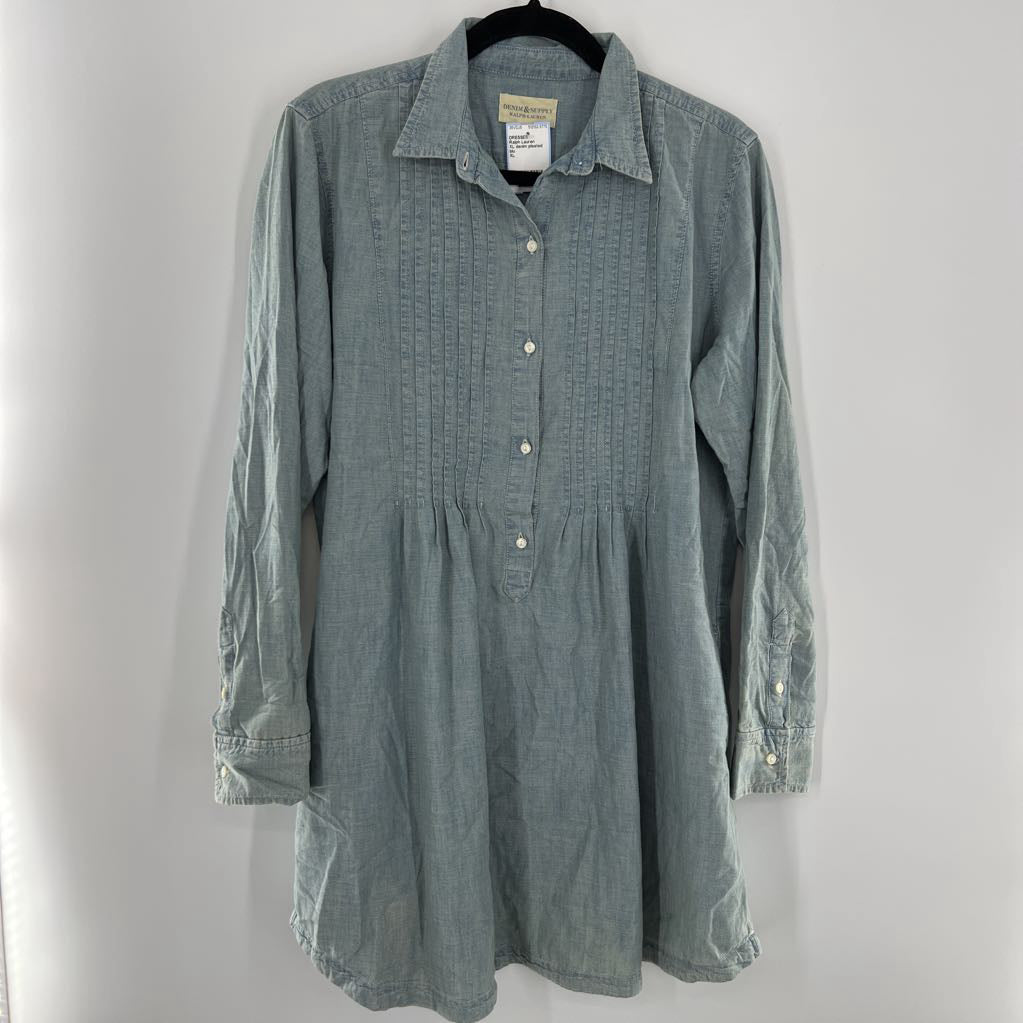 XL denim pleated detail l/s dress
