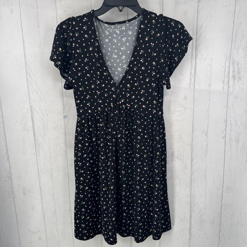 M s/s flower print v-neck dress