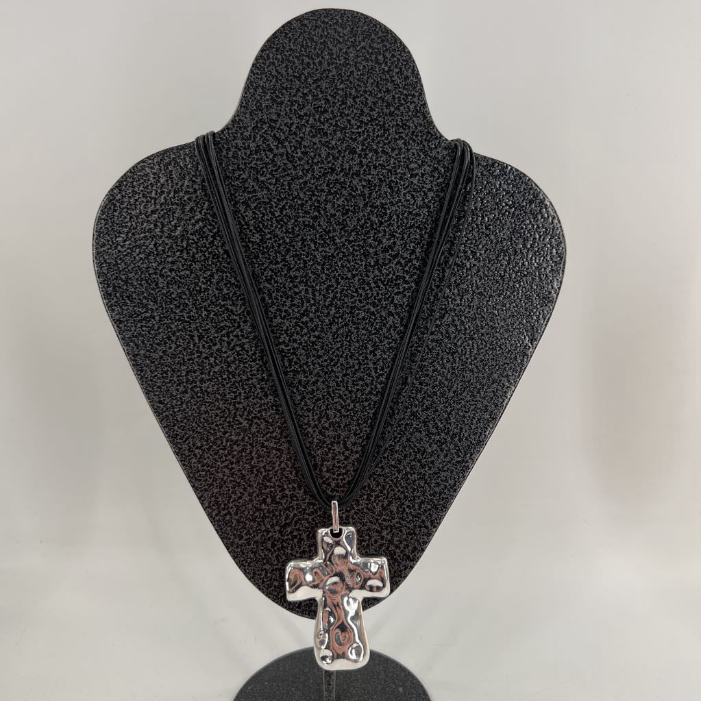 12" blk cord silver cross pendant necklace