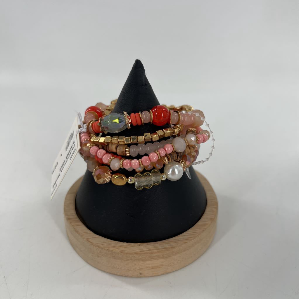 coral stretch beaded bracelet stack