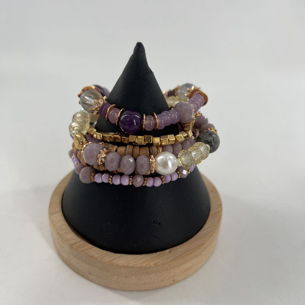 purple stretch beaded bracelet stack