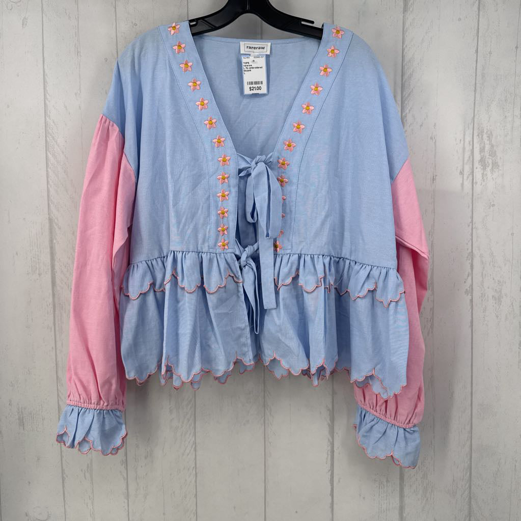 L flo embroidered scalloped tie front l/s top