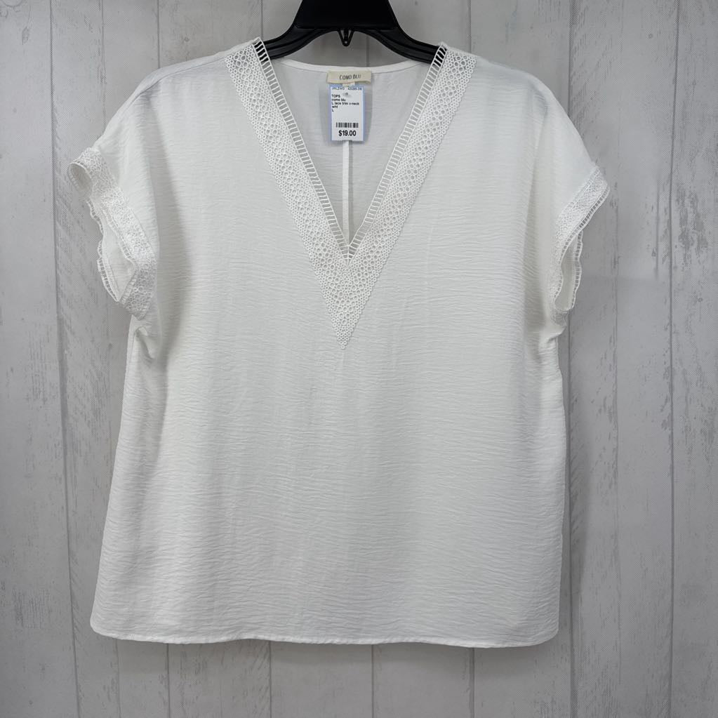 L lace trim v-neck s/s top