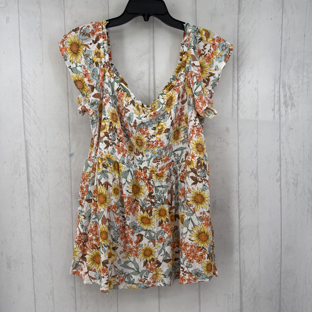 1X smocked flo print s/s top