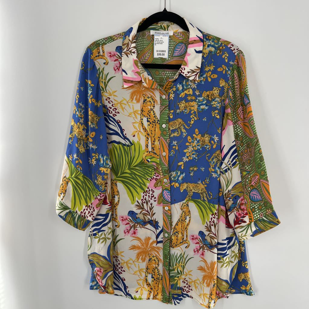 1X mixed print button down 3/4 slv top