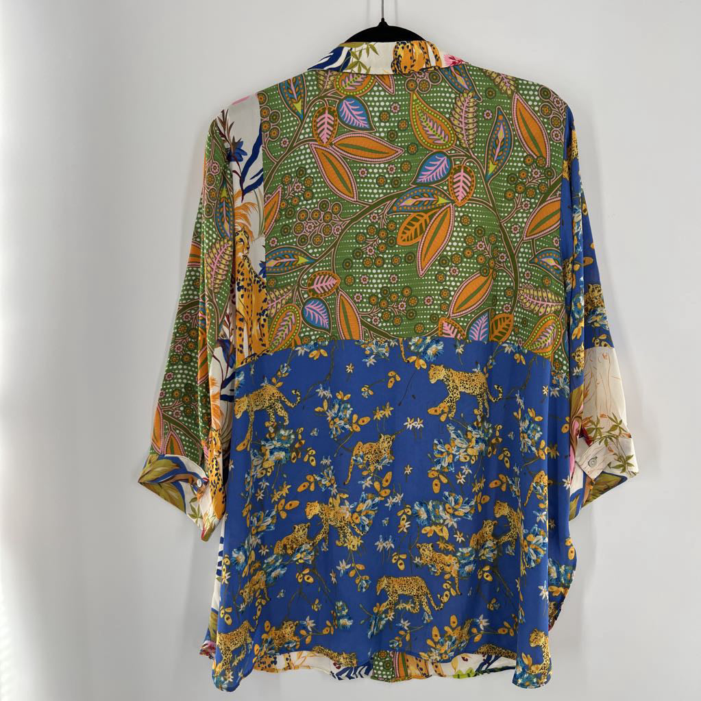 1X mixed print button down 3/4 slv top