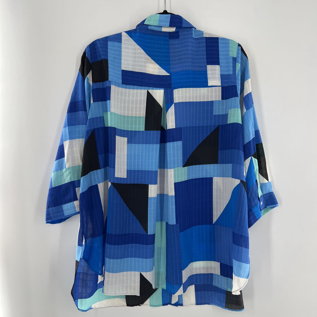 1X printed button down 3/4 slv top