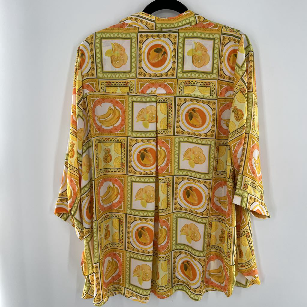 1X fruit print button down 3/4 slv top