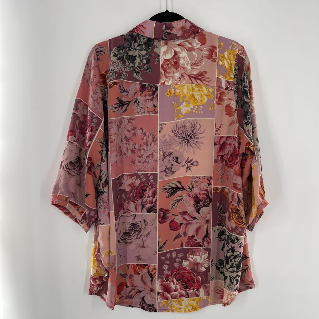 1X flo print button down 3/4 slv top