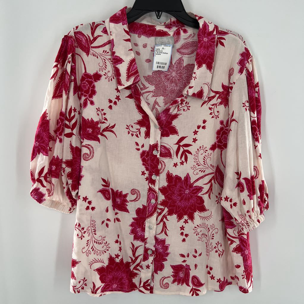L flo print button down s/s top