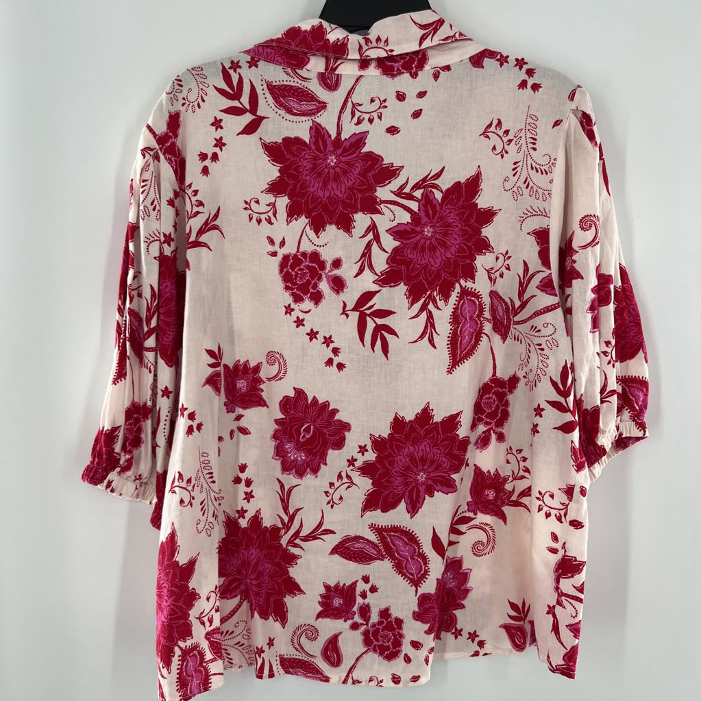 L flo print button down s/s top