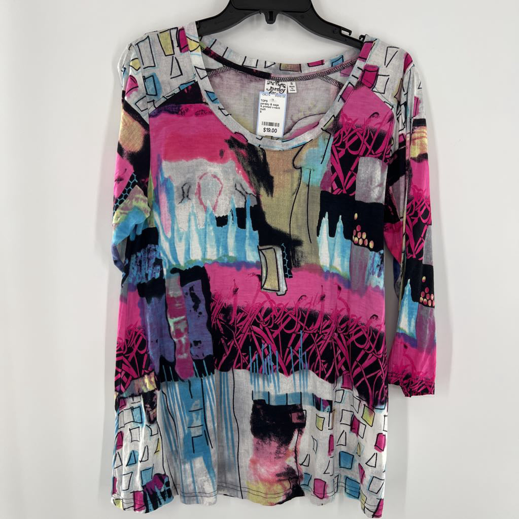 S printed v-neck 3/4 slv tee