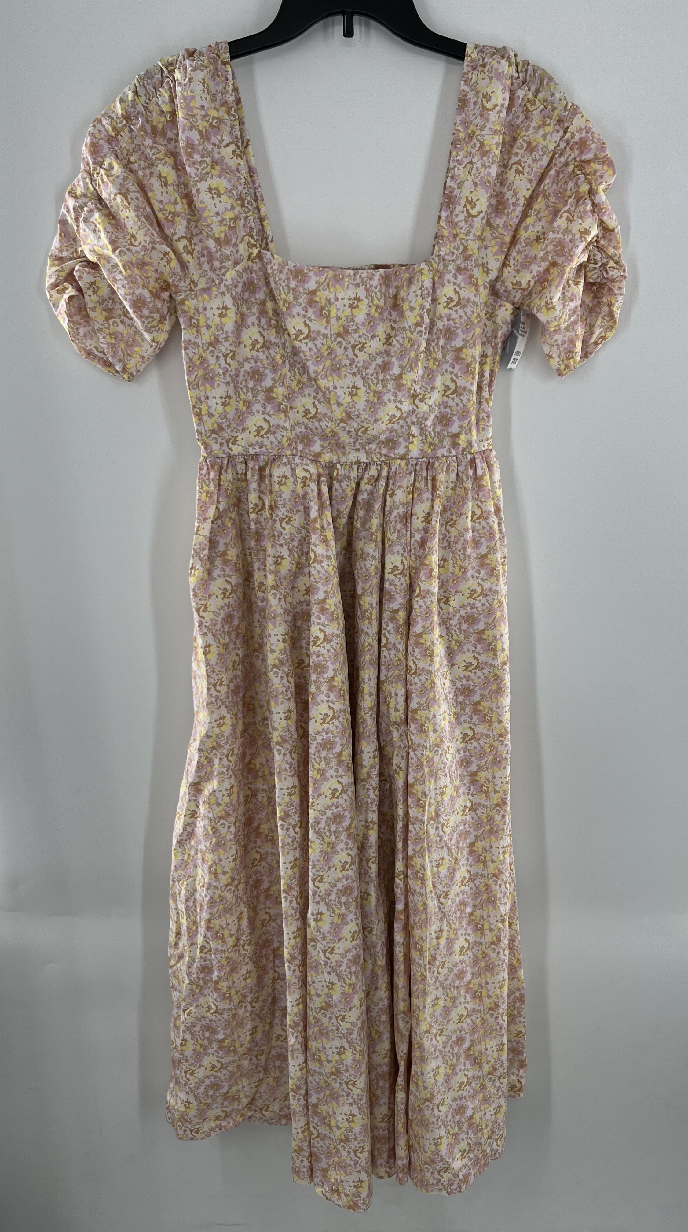6 flo print square neckline ruched s/s dress