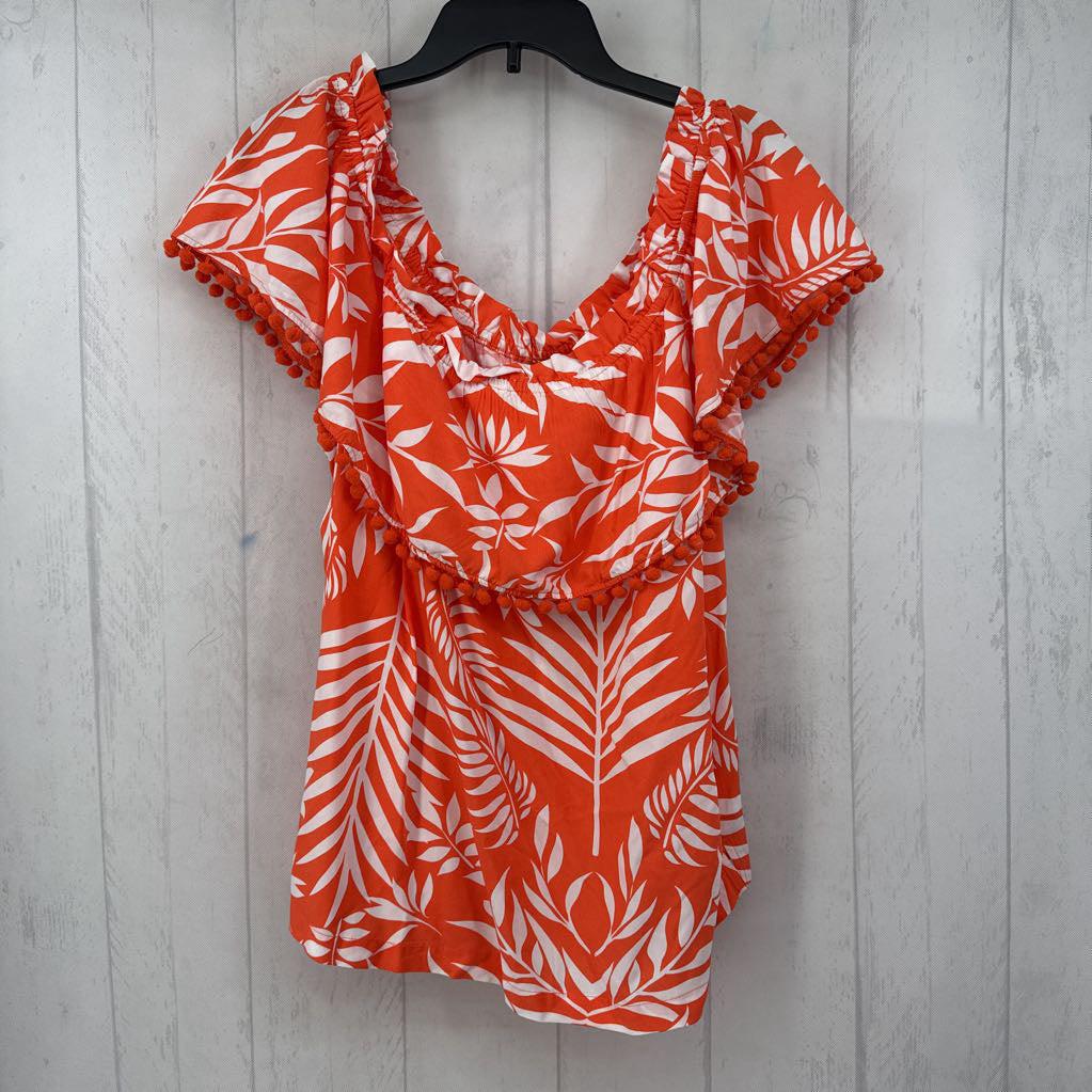 R70 XXL leaf print pom trim top