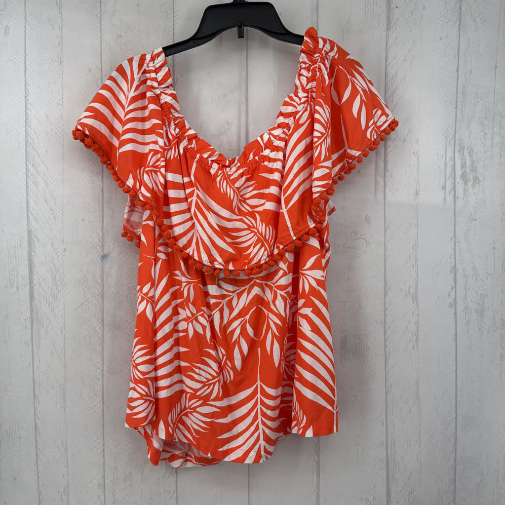 R70 XXL leaf print pom trim top