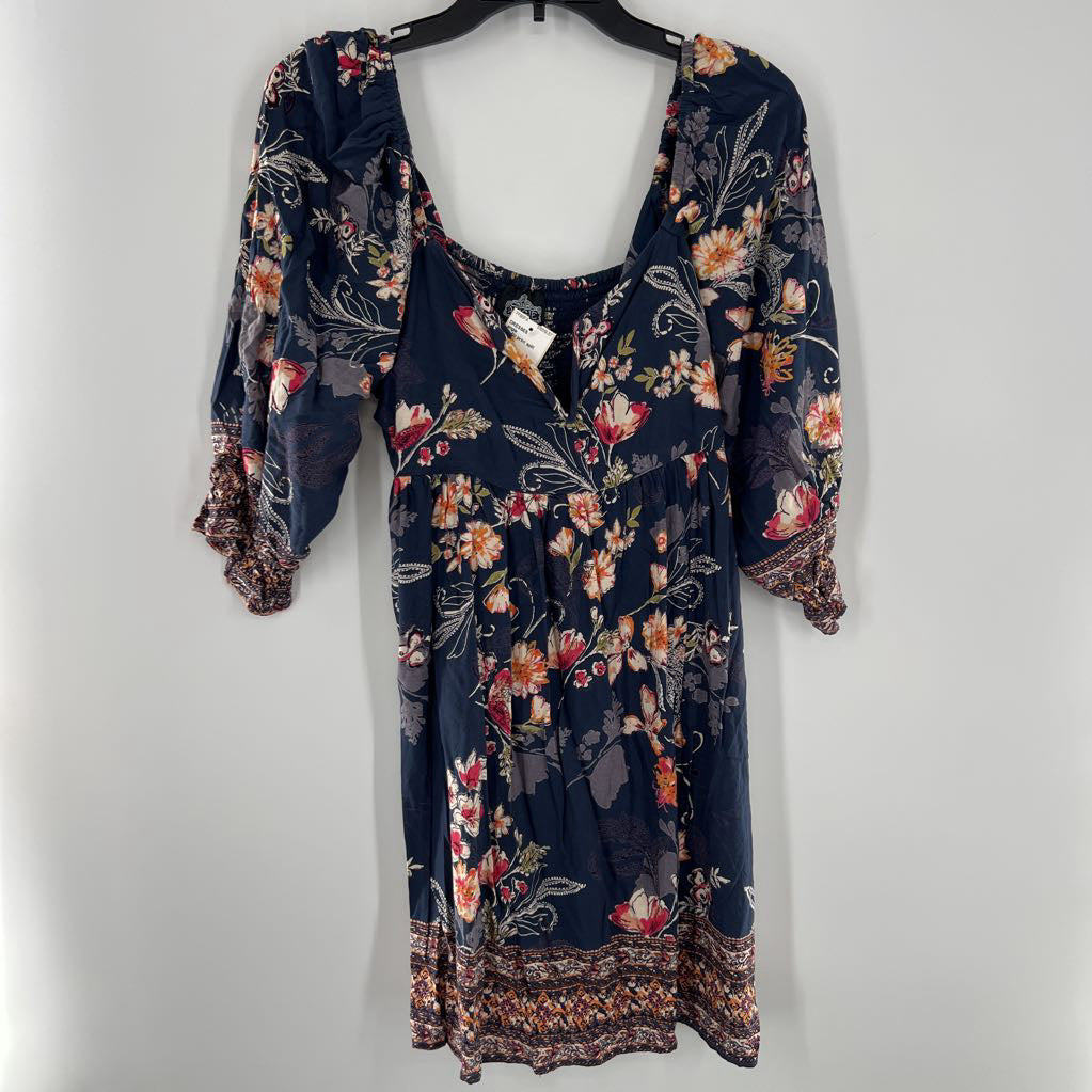 XL flo print split neck elbow slv dress